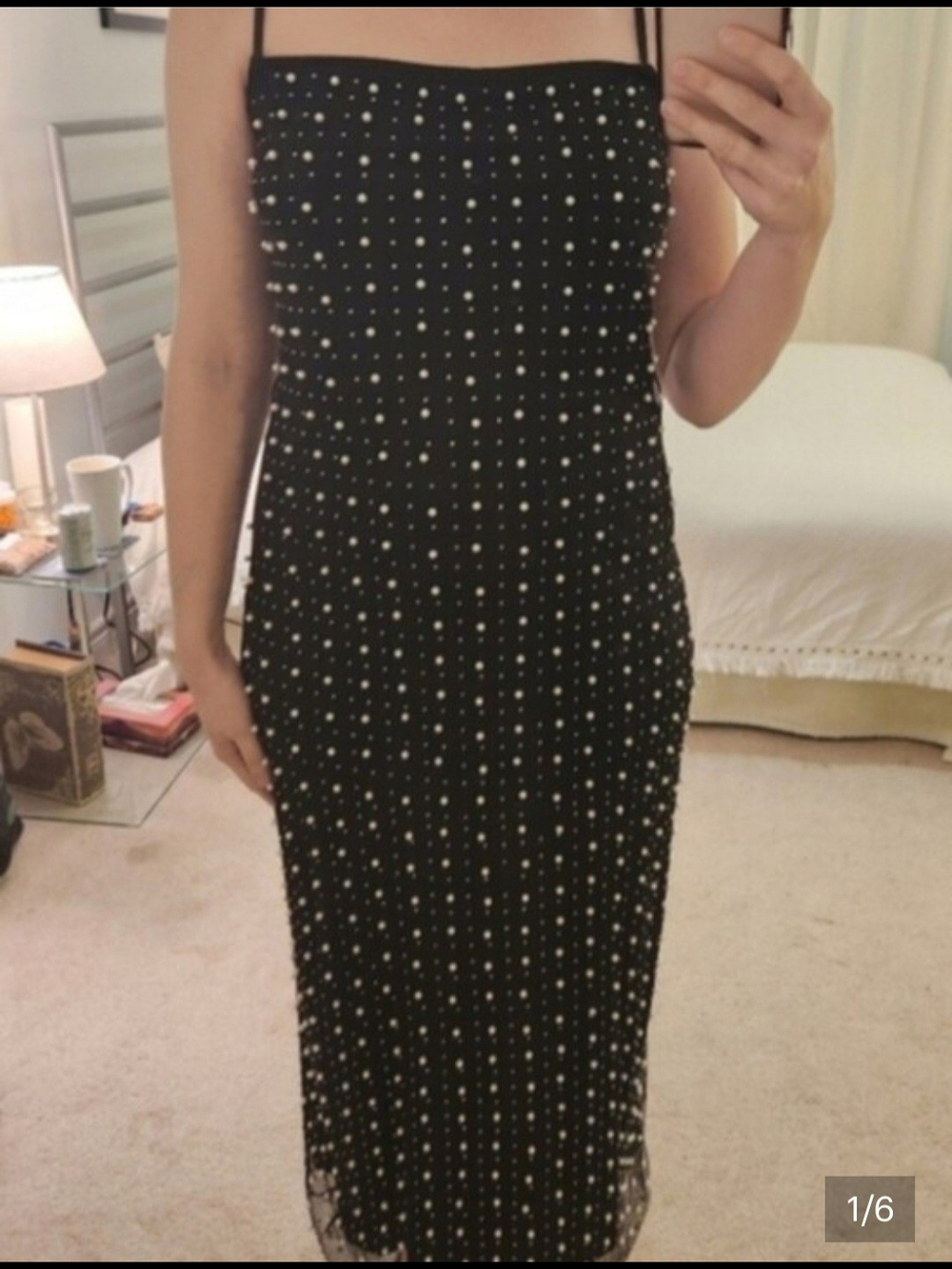 Pearl Beaded Black Midi Dress with Spaghetti Straps